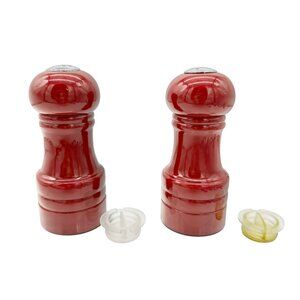 Salt and Pepper Shaker Set Deep Red Plastic 4 inch Tall Metal Tops Rubber Plugs